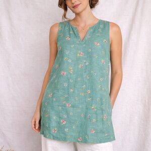 100% Linen Floral Tunic Dress Teal Green Mini Shift Sleeveless Cottagecore